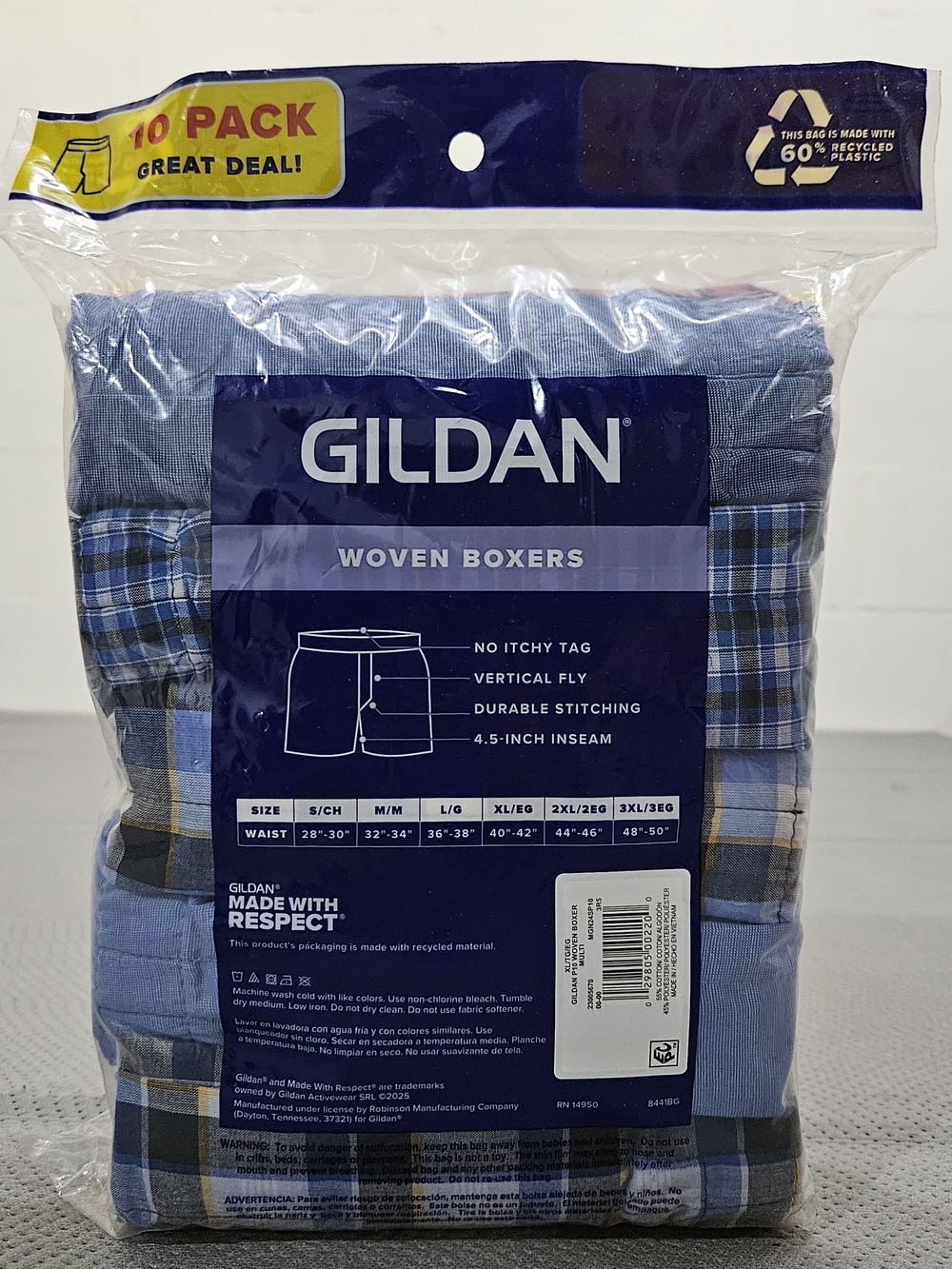 Gildan Men’s Green and Blue Plaid Woven Boxers - 10 Pack Size XL - Picture 2 of 3